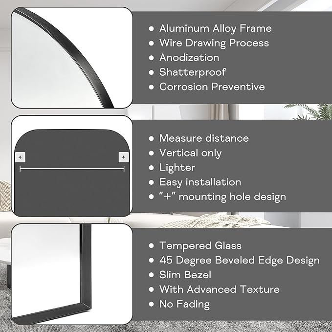 Modern Large Wall Mirror, Modern Mantel Minimalist Home Decor, Brushed Black Metal Framed Arched Mirror for Living Room, Bedroom, Fireplace, Mantle, Entryway, Bathroom, 36