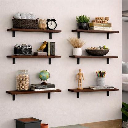 Floating Shelves Set of 6, Wooden Floating Shelves for Wall Decor, Farmhouse Shelf for Bedroom, Wall Mounted Bathroom Storage Shelves, Floating Book Shelves for Living Room