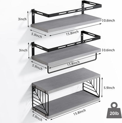 Fixwal 3+1 Tier Wall Mounted Bathroom Shelves Over Toilet, Rustic Wood Floating Shelves with Metal Frame and Towel Bar for Bathroom, Kitchen, Bedroom, Living Room (Gray)