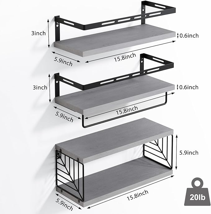 Fixwal 3+1 Tier Wall Mounted Bathroom Shelves Over Toilet, Rustic Wood Floating Shelves with Metal Frame and Towel Bar for Bathroom, Kitchen, Bedroom, Living Room (Gray)