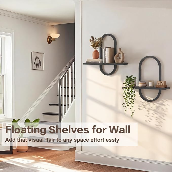 KALYLOC Floating Shelves for Wall, Hanging Shelves Wall Shelf for Plants, Decorative Wall Mounted Shelves for Living Room Bedroom Bathroom Home Office Kitchen, Black Wood Set of 2