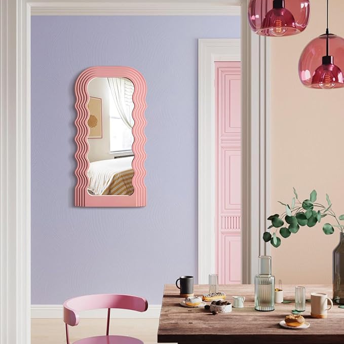 Wavy Mirror Wall Decor for Girly Bedroom, 14x28 Abstract Decorative Mirrors for Modern Apartment Nursery Room Decoration, Large Hanging Wall Art Above Dresser Desk Table Decor (Light Pink)