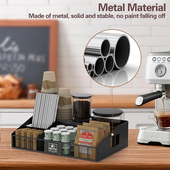 Metal Coffee Station Organizer for Countertop, 2-Pcs Coffee Bar Organizer with Designable DIY Logo, K Cup Pods Holder & Tea Condiment Storage - Rustic Breakroom Kitchen Decor Balck