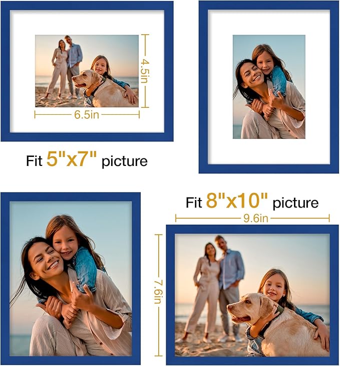 Vittanly 8x10 Picture Frames Set of 4, Display Pictures 5x7 with Mat or 8x10 without Mat, Gallery Wall Frame Set for Wall or Tabletop, Engineered Wood with Shatter Resistant Plexiglass, Royal Blue