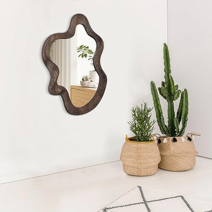 Asymmetrical Wavy Mirror for Wall Decor - Large Cute and Stylish Unique Wooden Framed Artistic Cloud Mirror, 21.6"x15" - Decorative for Living Room, Bedroom, Bathroom, Entryway