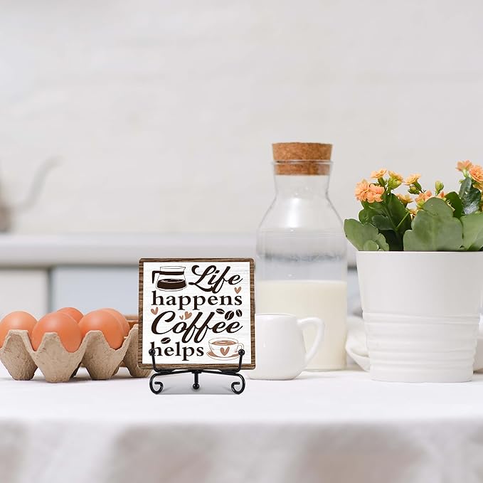 Coffee Bar Decor, Farmhouse Kitchen Table Decor, Coffee Station Accessories, Wooden Decorative Sign with Iron Stand for Table Desk Shelf Display-E24