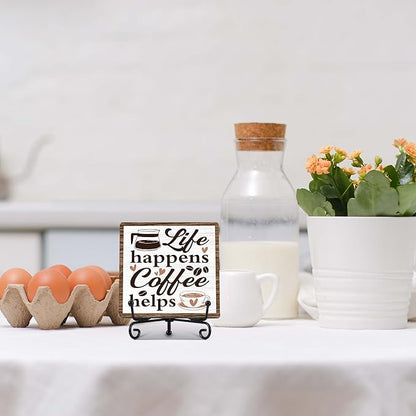 Coffee Bar Decor, Farmhouse Kitchen Table Decor, Coffee Station Accessories, Wooden Decorative Sign with Iron Stand for Table Desk Shelf Display-E24