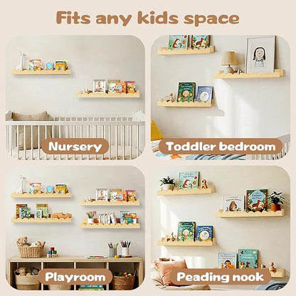 Nursery Floating Shelves for Kids Room, 4 Pack 15.7 Inch Natural Wood Wall Shelves with Scalloped Edge, Kids Bookshelves for Toddler Bedroom, Playroom, Baby Nursery Decor
