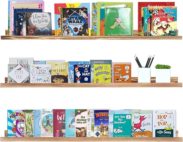 AZSKY Picture Ledge Shelf Floating Shelves for Photo Frames Kids Book Shelves Wall Mounted Burnt Display Shelf Wooden Frame Ledge 48 Inches Set of 3 Bathroom Organizer Shelves