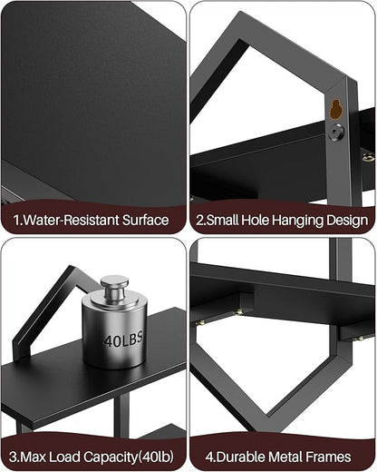 Floating Shelves, Set of 2 Wall Shelf, Wall Mounted Decorative Shelves, 2-Tier Modern Geometric Hanging Storage Shelf for Living Room, Bedroom, Kitchen, Office, Study (Black)