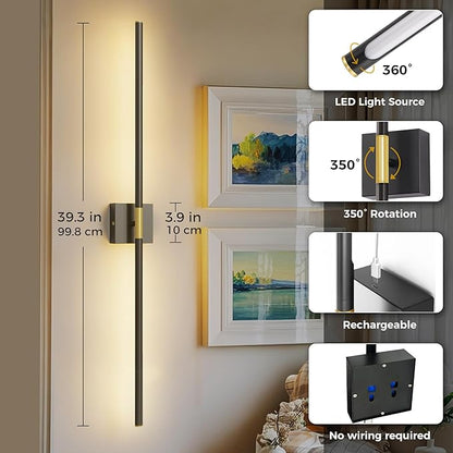 L LOHAS LED Battery Operated Wall Sconces Set of 2, Battery Wall Sconce 10000mAh, Gold and Black Rechargeable Sconces 3CCT, 31.6 Inch Wireless Wall Lights, Sconce Wall Decor for Bedroom, Living Room