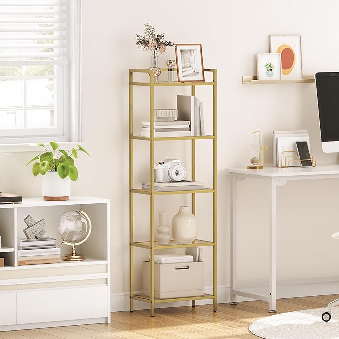 HOOBRO 5-Tier Gold Shelf, Narrow Book Shelf, Display Cabinet with Glass Bookcase, Corner Shelf Storage for Small Spaces, for Home Office, Living Room, Bedroom, Gold GD45SJ01