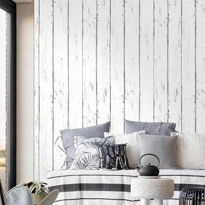 Orgrimmar 236" x 17.8" Wood Peel and Stick Wallpaper Self-Adhesive Removable Wallpaper Covering Decorative Stick Film Vintage White Wood Panel Vinyl Decal Roll
