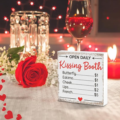 Valentines Desk Decor, Valentine's Day Home Office Table Sign for Wife Daughter from Dad Husband, Valentine Gifts Decorations for Porch Tiered Tray Shelf Party, Open Daily Kissing Booth