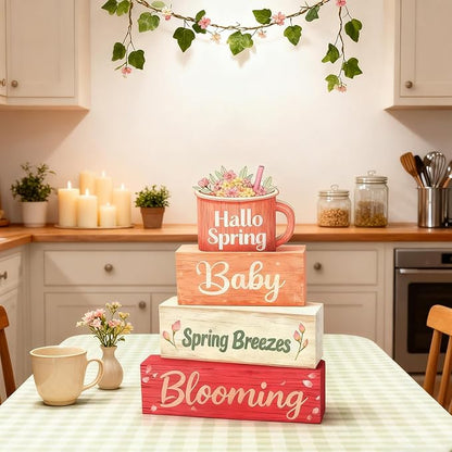 Spring Decoration Wooden Tiered Tray Decor – Sweet Spring Mug Stacked Block Sign with Floral Cup Topper – Farmhouse Tabletop Spring Decor for Living Room Shelf Seasonal Home Display