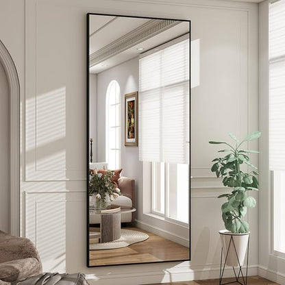 BEAUTYPEAK Full Length Mirror with Stand, 65"x24" Floor Mirror with Aluminum Alloy Thin Frame, ShatterVue Tempered Full Body Mirrors, Free Standing or Wall-Mounted Mirrors for Living Room, Black