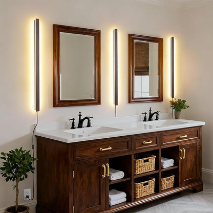 Farmhouse Plug in Long Wall Sconce, 39.3" Faux Walnut Finish LED Wall Lights, 20W Warm White 3000K Acrylic Indoor Wall lamp, with 59" Plug Cable for Bedroom, Living Room, Hallway