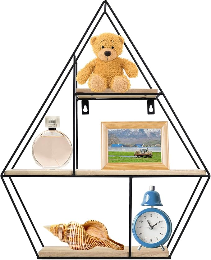 Greenco Geometric Diamond Gem Shaped Mounted Floating Shelves, Home Decor, Metal Wire and Rustic Wood Wall Storage Shelves for Bedroom, Living Room, Bathroom, Kitchen, Office