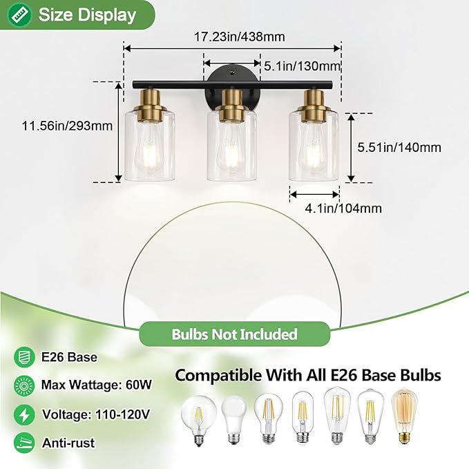 3-Light Bathroom Light Fixtures, Black and Gold Bathroom Wall Lights, Modern Vanity Light with Clear Glass Shade, Bathroom Wall Lamp for Mirror Kitchen Bedroom Hallway Cabinet