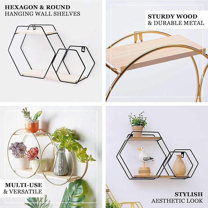 Efavormart 2-Tier Geometric Floating Shelf, Wall Hanging Shelves with Gold Double Hoop Design - 10" H x 18" L for Living Room, Bedroom, Kitchen, Bathroom, Study Room, Garden Sheds, Wall Decoration