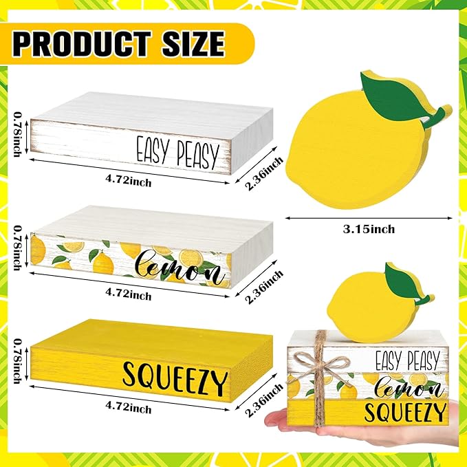 Geelin 4 Pcs Lemon Book Stack Decor, Wooden Faux Books for Home Table Centerpiece, Lemon-themed Kitchen Tiered Tray Decorations, Rustic Farmhouse Summer Lemon Decor for Living Room & Dining Table