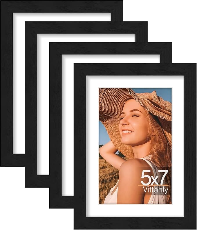 Vittanly 5x7 Picture Frame Set of 4, Display Pictures 4x6 with Mat or 5x7 without Mat, Engineered Wood with Shatter Resistant Plexiglass, Small Photo Frames for Wall or Tabletop Display, Black