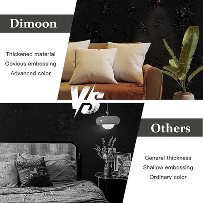 Dimoon 17.7''x118'' Peel and Stick Wallpaper Black Contact Paper Gothic Floral Modern Wall Paper Renter Friendly Self Adhesive Damask Cabinet Vinyl Roll(118''x17.7'', Black Floral Textured)