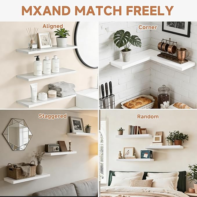 Floating Shelves Set of 3, 15.7 Inch Wall Mounted Wooden Shelf, Small Hanging Shelf for Room Decor, Books and Storage, Save Storage for Bedroom, Living Room, Bathroom, White