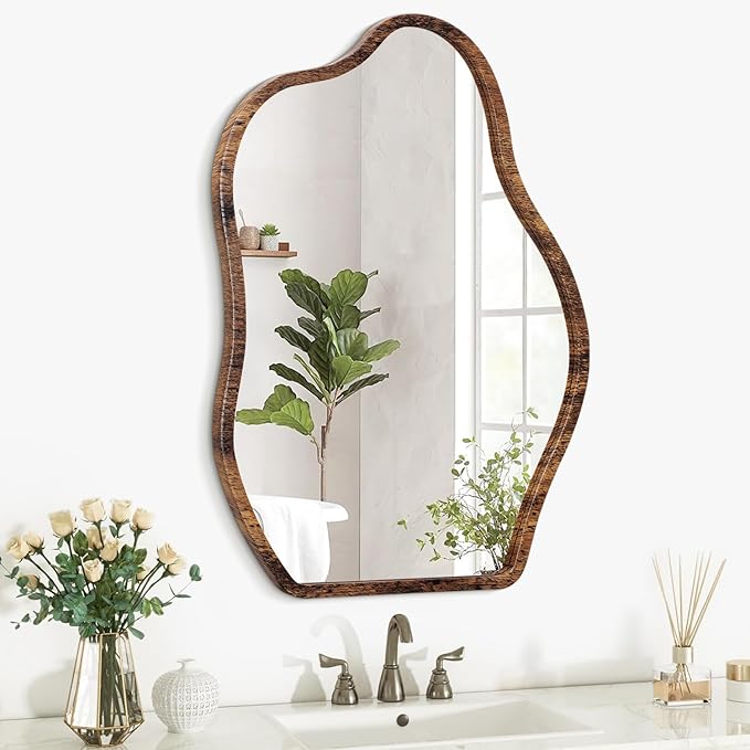 Irregular Mirror Wood Frame Modern Cloud Mirror Wall Unique Shape Asymmetrical Wall Vanity Artistic Mirrors Decor for Bedroom Living Room Bathroom Entryway Hallway Brown Large