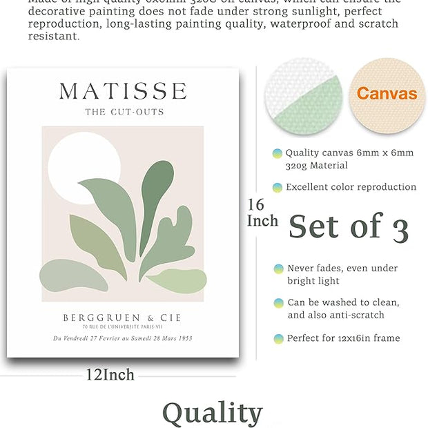 Unframed Sage Green Wall Art Set of 3,12x16IN Abstract Matisse Wall Decor,Quality Canvas Prints Posters Decoration for Bathroom Living Room Bedroom