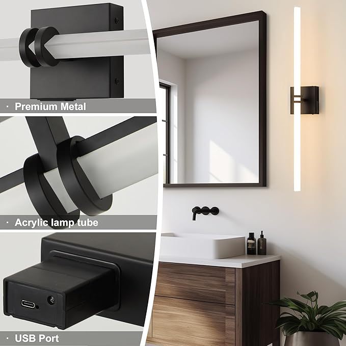 Battery Operated Wall Sconce 1Pack, Black Rechargeable Wall Lights with Dimmable Remote Control, 30 Inch 3000K-6000K LED Wireless Wall Lamps for Bedroom, Hallway, Background Wall