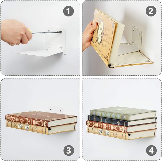 Jetec 3 Pack Invisible Floating Bookshelf Wall Mounted Floating Bookshelves Heavy Duty Book Organizers Hidden Book Shelf Metal Shelves Holder for Books Bedroom Living Room Home Office (White)