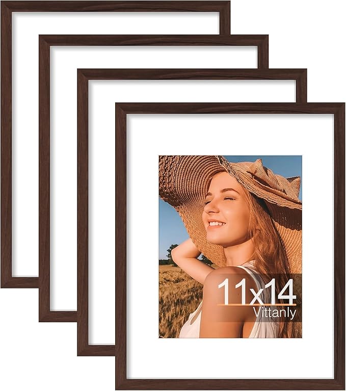 Vittanly 11x14 Picture Frame Set of 4, Display Pictures 8x10 with Mat or 11x14 without Mat, Engineered Wood with Shatter Resistant Plexiglass, Wall Gallery Photo Frames for Wall or Tabletop, Brown
