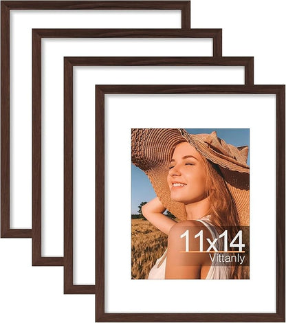 Vittanly 11x14 Picture Frame Set of 4, Display Pictures 8x10 with Mat or 11x14 without Mat, Engineered Wood with Shatter Resistant Plexiglass, Wall Gallery Photo Frames for Wall or Tabletop, Brown