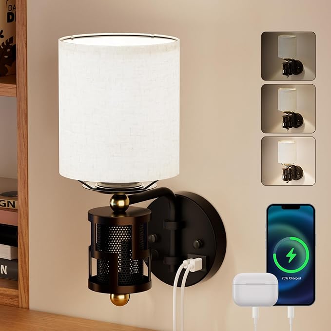 V07-1 Vintage Wall Sconce Light with USB A+C Charging Ports, Hardwired/Plug in Wall Sconces with Dimming Knob and Linen Lampshade, Wall Lights for Bedroom Living Room Kitchen (Bulb Included)