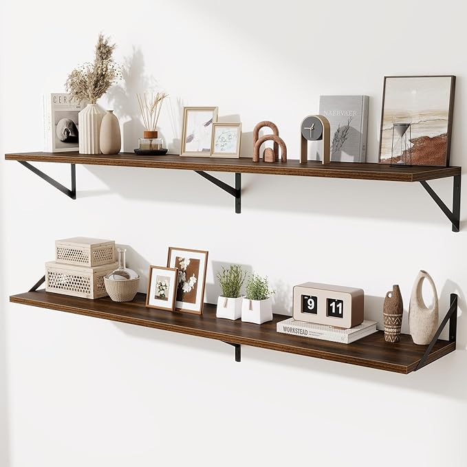 Deep Floating Shelves,55" Wx10 D Wood Wall Shelves Set of 2,Long Wood Floating Shelf with Metal Brackets,Floating Bookshelf for Living Room,Kitchen,Office,Bedroom,Decor Storage,Walnut
