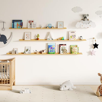 Fun Memories Picture Ledge Shelf, 60 Inch Floating Shelves Set of 2, Large Nursery Book Shelves for Toys Storage, Kids Bookshelf Wall Mounted for Wall Decor Books Photo Frames, Oak