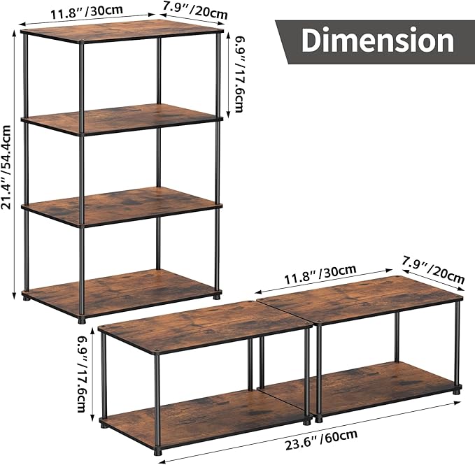 Countertop Spice Rack, Stackable Wood & Metal Pantry Cabinet Shelf Organizer Storage, 4-Tier or Split into 2×2-Tier, Multi-Use for Kitchen Bathroom Desktop Home Office, Rustic Brown