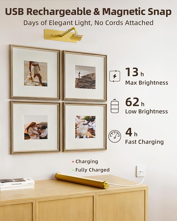 EZVALO Wireless Picture Light for Wall, 13Inch 4000mAh Rechargeable Battery Painting Light with Remote, 3 Color Temps Dimmable Gold LED Art Light for Gallery, Living Room, Hallway