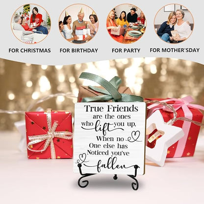 Friendship Quotes Desk Decor Gifts for Women Best Friends, True Friends Are The Ones Who Lift You Up Tabletop Sign, Motivational Wood Plaque With Iron Stand for Home Office Bedroom Shelf Desk Decor