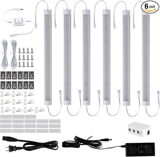 LABOREDUCER Under Cabinet Lighting Plug in Cold White 6000K, 6 Pack 11inch LED Under Cabinet Lights Wired Hardwired Linkable Dimmable with Power Adapter, 24V Under Counter Lights for Kitchen Shelf