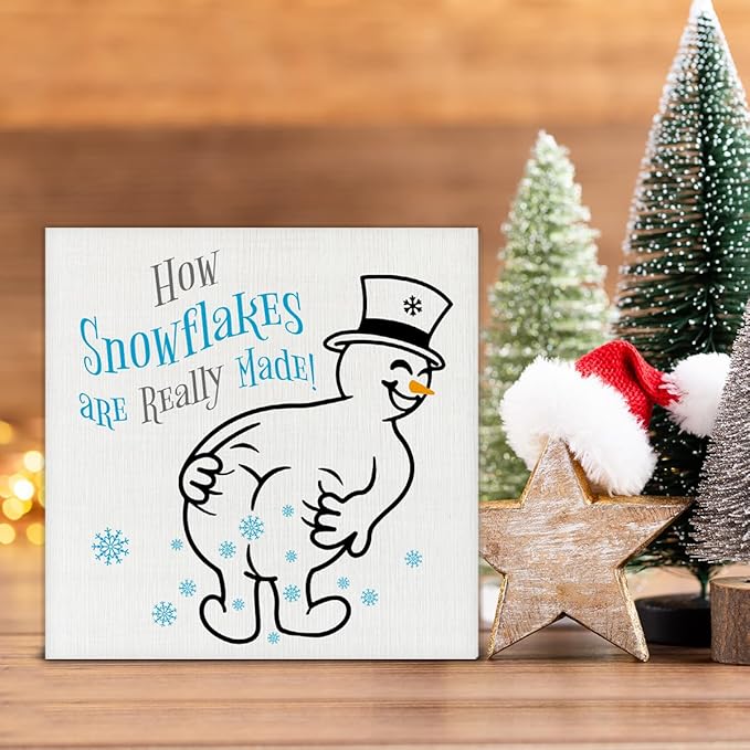 Snowman Christmas Decor, Funny Christmas Decorations, Gag Gifts for Women Men, How Snowflakes Are Made Snowman Wooden Sign Rustic Home Decor 5 x 5 Inches