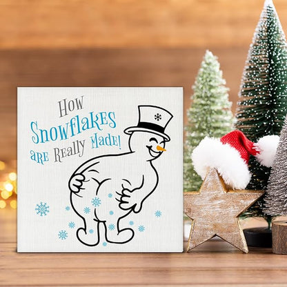 Snowman Christmas Decor, Funny Christmas Decorations, Gag Gifts for Women Men, How Snowflakes Are Made Snowman Wooden Sign Rustic Home Decor 5 x 5 Inches