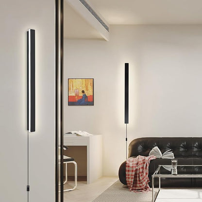 Modern Plug in Wall Lights, 31.4 inch Frosted Black LED Long Wall Sconce, 16W Warm White 3000K Acrylic Indoor Wall lamp,with 59" Plug Cable for Bedroom, Living Room, Hallway