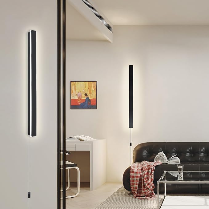 Modern Plug in Wall Lights, 31.4 inch Frosted Black LED Long Wall Sconce, 16W Warm White 3000K Acrylic Indoor Wall lamp,with 59