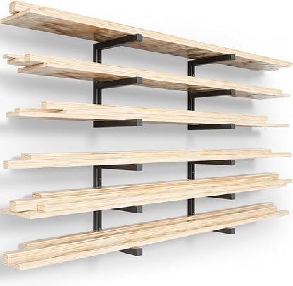 YYR Wood Organizer and Lumber Storage Rack Wall Mount, Heavy Duty Metal Shelf with 6-Level Holds Up 1200 LBS, Indoor & Outdoor Use - Black