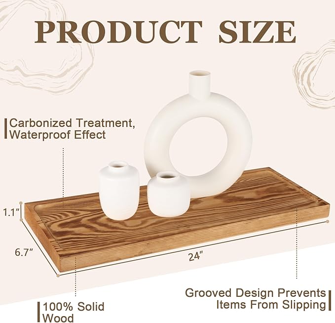 Solid Wood Floating Shelves Bathroom 24 inch Rustic Wall Wood Display Shelves with Grooves Set of 2 Home Decor for Living Room Bedroom Kitchen Farmhouse 24x6.7 inch - Brown