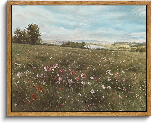 OIQArtOIQ Vintage Landscape Framed Wall Art Summer Countryside Wildflower Canvas Art Prints Farmhouse Cottagecore Pictures Wall Decor Rustic Meadow Paintings Artwork For Kitchen Bedroom Living Room