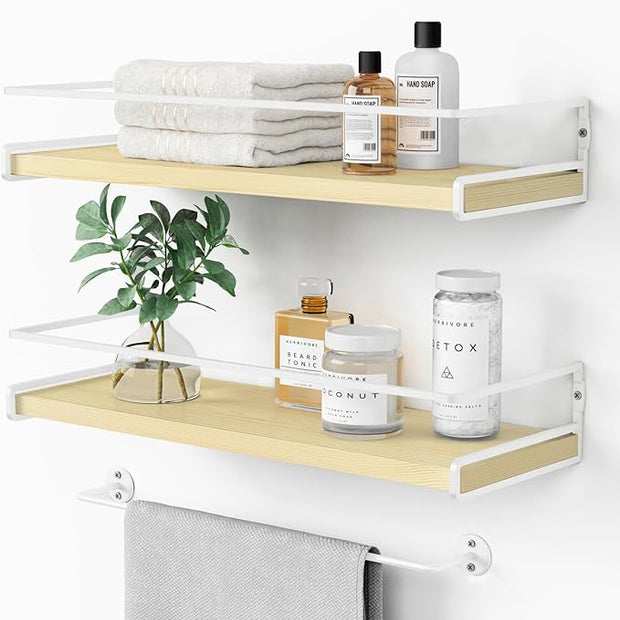 Forbena Floating Shelves for Wall with Rail, White and Natural Wood Nursery Book Shelves for Baby Girls Boys Kids Room Bedroom, Hanging Bookshelves Wall Mounted for Books, Toys, Bathroom (Set of 2)