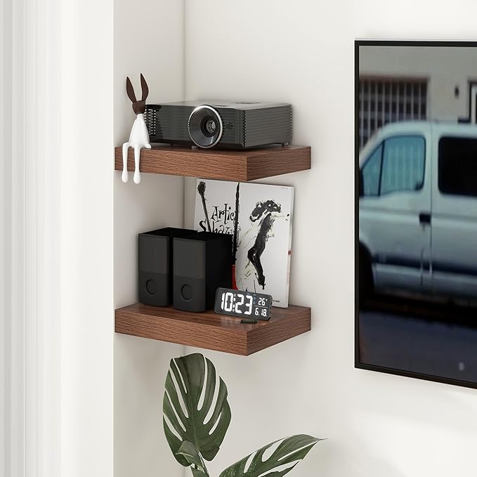 Deep Floating Shelves | 16 Inch Walnut Floating Shelves Set of 2 | 12 Inch Deep Rustic Wood Shelves for Wall | Walnut Shelves for Living Room Bathroom Kitchen Bedroom